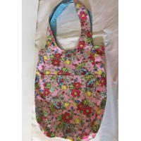 Pink Blue Floral Print Cotton Shoulder Bag: Handmade Eco-Friendly Reusable Tote