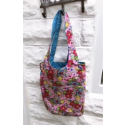 Pink Blue Floral Print Cotton Shoulder Bag: Handmade Eco-Friendly Reusable Tote