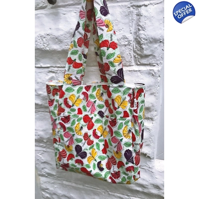 Shopping Bag, White Floral Print Cotton Handmade Eco-Frien..