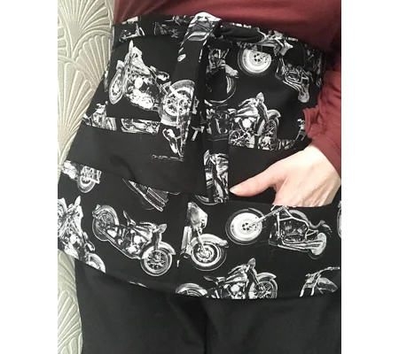 Motorcycle Cotton Fabric Half Apron, Black Handmade Utility Apron with Pockets