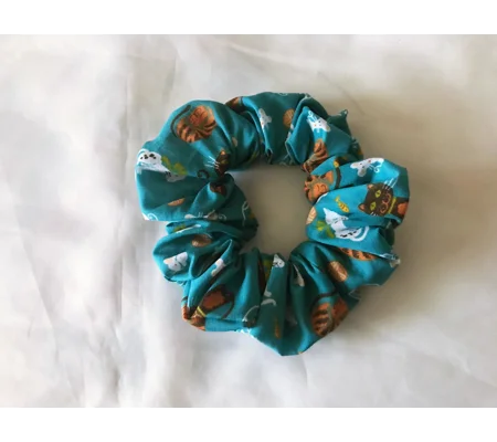 Green Cats Scrunchie, handmade in Yorkshire