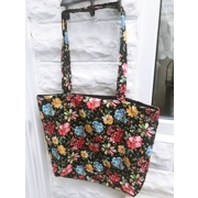 Black Floral Print Cotton Shoulder Bag: Handmade Eco-Friendly Lined Tote Bag