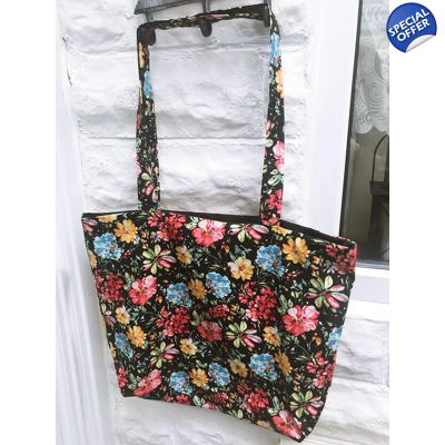 Black Floral Print Cotton Shoulder Bag: Handmade Eco-Frien..
