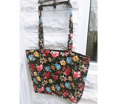 Black Floral Print Cotton Shoulder Bag: Handmade Eco-Friendly Lined Tote Bag