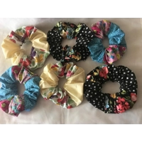 Patchwork Floral Scrunchies, Pink, Blue, Yellow, Black Floral Polka Dot Scrunchies, handmade Yorkshi