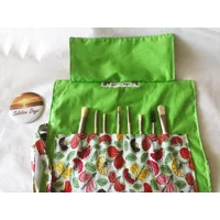 Make Up Brush Roll - Green Floral Cotton Brush Travel Storage, Handmade