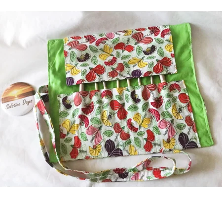 Make Up Brush Roll - Green Floral Cotton Brush Travel Storage, Handmade