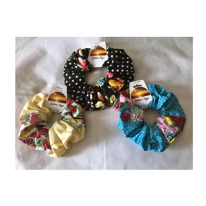 Patchwork Floral Scrunchies, Pink, Blue, Yellow, Black Floral Polka Dot Scrunchies, handmade Yorkshi