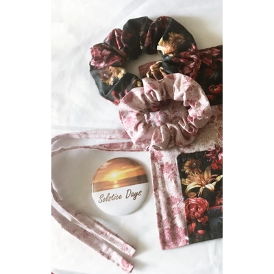 Black Floral Scrunchie, Pink Cotton Handmade Hair Tie - Yo..