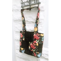 Black Floral Patchwork Cotton Shoulder Bag: Handmade Eco-Friendly Lined Tote Bag