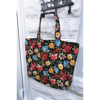 Black Floral Print Cotton Shopping Bag: Handmade Eco-Friendly Lined Bag