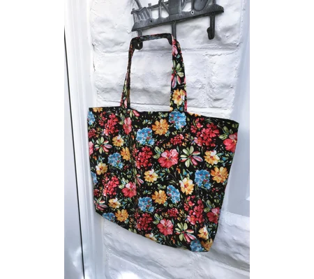 Black Floral Print Cotton Shopping Bag: Handmade Eco-Friendly Lined Bag