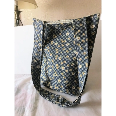 Blue Floral Cotton Shoulder Bag: Handmade Eco-Friendly Lin..