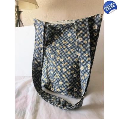Blue Floral Patchwork Cotton Shoulder Bag: Handmade Eco-Fr..
