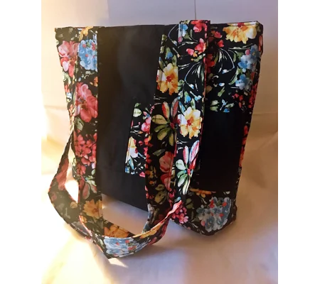 Black Floral Patchwork Cotton Shoulder Bag: Handmade Eco-Friendly Lined Tote Bag
