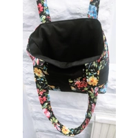 Black Floral Patchwork Cotton Shoulder Bag: Handmade Eco-Friendly Lined Tote Bag