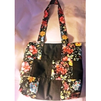 Black Floral Patchwork Cotton Shoulder Bag: Handmade Eco-Friendly Lined Tote Bag