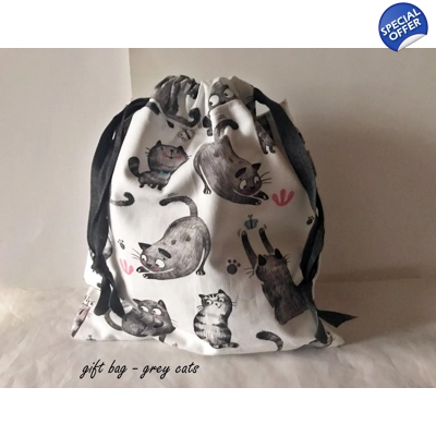 Grey Cat Eco-Friendly Fabric Gift Bag, Reusable Drawstring..