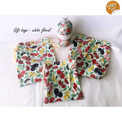 White Floral Gift Bags - Drawstring Reusable Fabric Gift B..