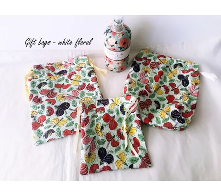 White Floral Gift Bags - Drawstring Reusable Fabric Gift Bags, Small and Medium Eco-Friendly Lined C