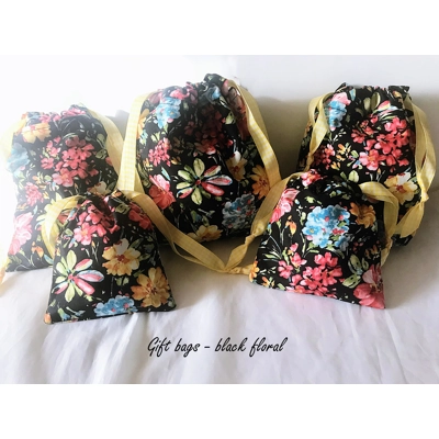 Black Floral Drawstring Gift Bags - Reusable Eco-Friendly Lined Cotton Bag, Handmade Yorkshire