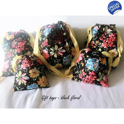 Black Floral Drawstring Gift Bags - Reusable Eco-Friendly Lined Cotton Bag, Handmade Yorkshire