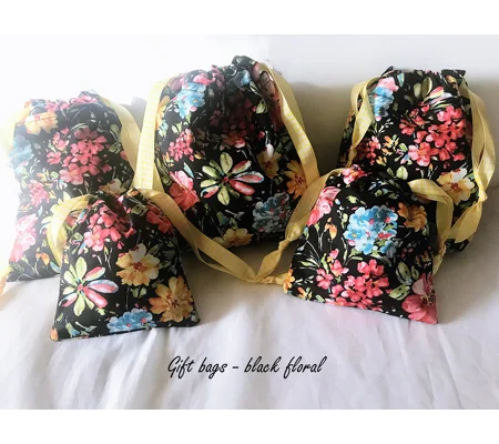 Black Floral Drawstring Gift Bags - Reusable Eco-Friendly Lined Cotton Bag, Handmade Yorkshire
