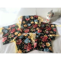 Black Floral Drawstring Gift Bags - Reusable Eco-Friendly Lined Cotton Bag, Handmade Yorkshire
