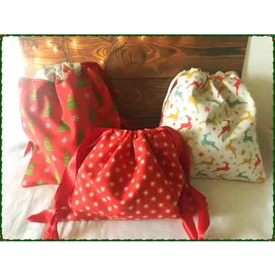 Christmas Trees Drawstring Gift Bags - Reusable Fabric Bags, Eco-Friendly Lined Cotton Bag, Handmade