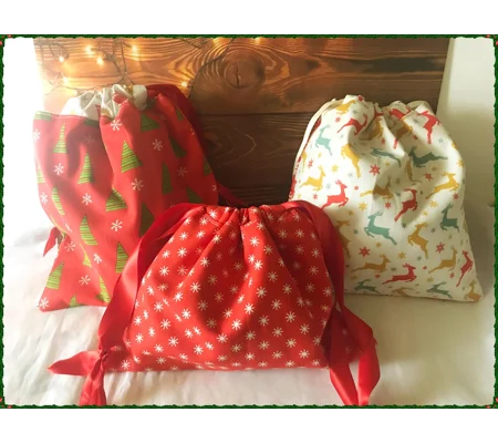 Christmas Trees Drawstring Gift Bags - Reusable Fabric Bags, Eco-Friendly Lined Cotton Bag, Handmade