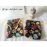 Black Floral Drawstring Gift Bags - Reusable Eco-Friendly Lined Cotton Bag, Handmade Yorkshire