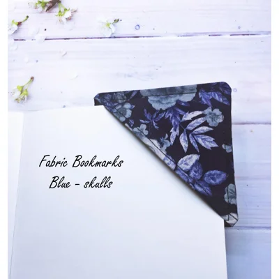 Skulls Corner Bookmark - Gothic gift - Blue Fabric Bookmark