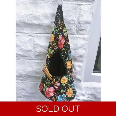 Black Floral Wigwam Peg Bag, Flip & Clip Cotton Storage Ba..