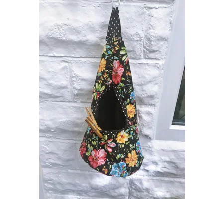Black Floral Wigwam Peg Bag, Flip & Clip Cotton Storage Bag for Pegs, handmade in Yorkshire