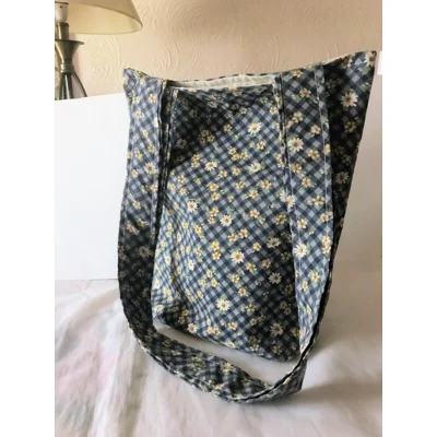 Blue Floral Cotton Tote Bag: Handmade Eco-Friendly Lined S..