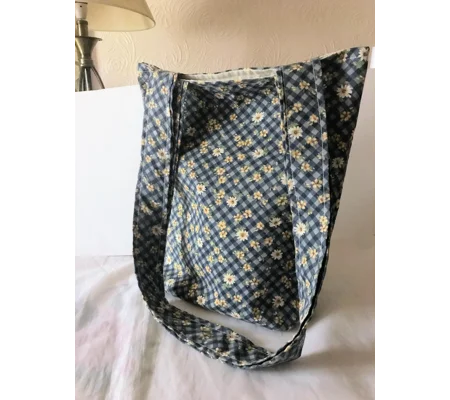 Blue Floral Cotton Tote Bag: Handmade Eco-Friendly Lined Shoulder Bag