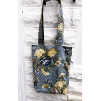 Shoulder Bag, Blue Yellow Floral Cotton Fabric, Handmade Eco-Friendly Lined Tote Bag