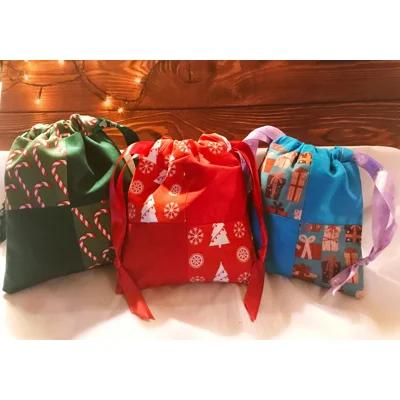 Drawstring Christmas Gift Bag Patchwork - Lined Eco-Friendly Reusable Bag for Secret Santa