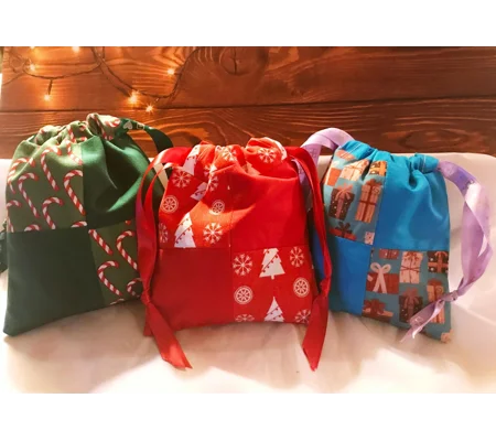 Drawstring Christmas Gift Bag Patchwork - Lined Eco-Friendly Reusable Bag for Secret Santa