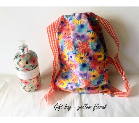 Lined Yellow Floral Fabric Gift Bag, Eco-Friendly Reusable Drawstring Cotton Bag, Handmade in Yorksh
