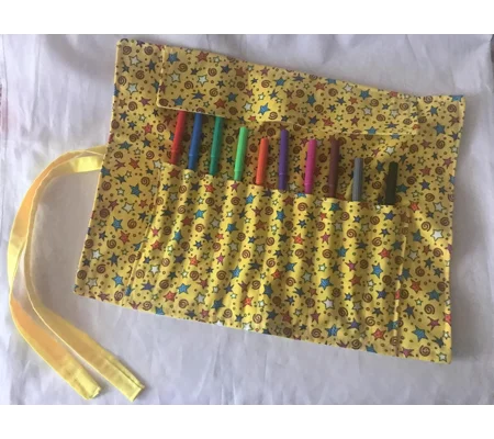 Yellow Stars Pencil Roll, Back To School, handmade in Yorkshire