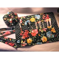 Floral Scrunchie, Handmade Hair Accessory, Black Polka Dot Headband, Makeup Brush Roll