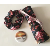 Black Floral Scrunchie, Pink Cotton Handmade Hair Tie - Yorkshire