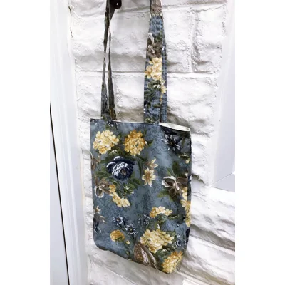 Shoulder Bag, Blue Yellow Floral Cotton Fabric, Handmade Eco-Friendly Lined Tote Bag