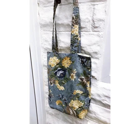 Shoulder Bag, Blue Yellow Floral Cotton Fabric, Handmade Eco-Friendly Lined Tote Bag