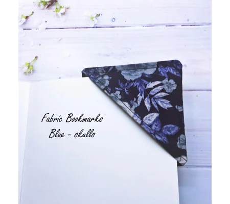 Skulls Corner Bookmark - Gothic gift - Blue Fabric Bookmark