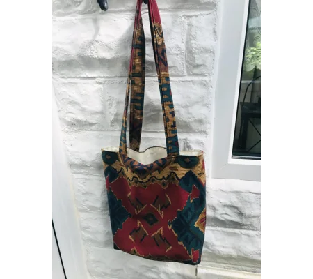 Kilim Print Cotton Tote Bag: Handmade Eco-Friendly Lined Shoulder Bag