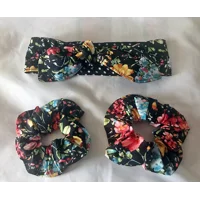 Floral Scrunchie, Handmade Hair Accessory, Black Polka Dot Headband, Makeup Brush Roll