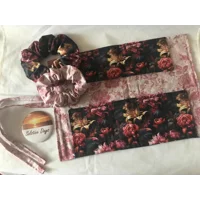 Black Floral Scrunchie, Pink Cotton Handmade Hair Tie - Yorkshire