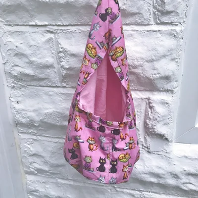 Cat Peg Bag, Lined Pink Cotton Laundry Bag, Clothespins Holder, Handmade in Yorkshire